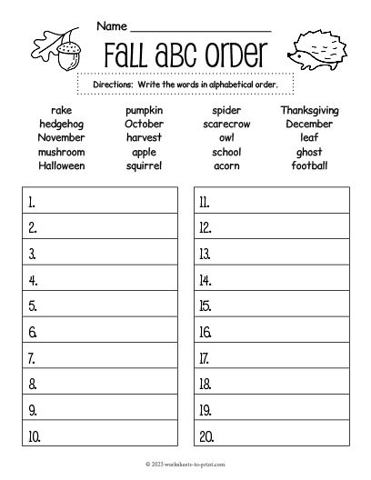 Free Printable Fall Alphabetizing Worksheet Middle School Ideas, Summer Math Worksheets, Worksheets For Middle School, Abc Order Worksheet, Summer Vocabulary, Fall Worksheets, Summer Worksheets, Graphing Worksheets, Pattern Worksheet