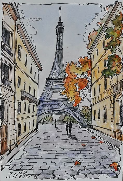 France Painting Easy, Paris Drawing Ideas, Painting Ideas Paris, Paris Art Drawings, Urban Watercolor Sketching, Paris Drawing Sketches, Street Drawing Sketches, Paris Painting Easy, City Art Drawing