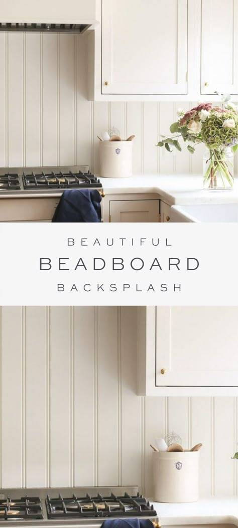 All the details about Beadboard Backsplash for your kitchen. Get all the information about what products to use, how to paint the Beadboard, and how to care for it. #home #backsplash #beadboard #kitchen White Kitchen With Beadboard Backsplash, Backsplash Kitchen Beadboard, Backsplash Kitchen Not Tile, Beadboard Tile Backsplash, Shiplap Tile Backsplash, Tile And Beadboard Backsplash, Beadboard Wainscoting Kitchen, Wainscotting Backsplash Kitchen, Paneling As Backsplash