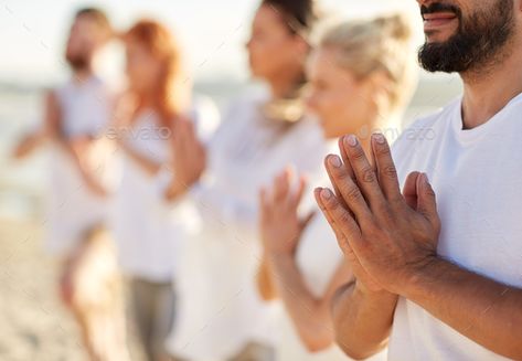 group of people making yoga or meditating on beach by dolgachov. yoga, fitness, sport and healthy lifestyle concept ¨C group of people meditating on beach#yoga, #meditating, #beach, #group People Meditating, Website Photoshoot, Health Resort, Yin Yoga Class, Become A Yoga Instructor, Group Meditation, Yoga Detox, Kriya Yoga, Beach Gym