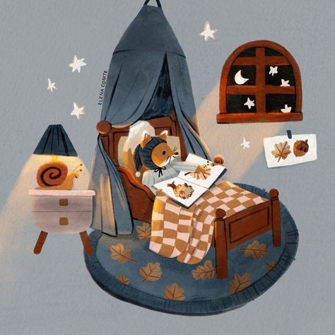 Gouache children's book illustration of a fox reading a book at night in his cozy bed with a canopy. He is lid up but the warm cute snail lamp night light on his bedside table. He is wearing a bonnet under his cozy quilted blanket. A snail pet is moving towards its hand on the book he is looking at. The moonlight shines in his cozy home. Bedroom Illustration, Gouache Illustration, Gouache Color, Environment Painting, Gouache Illustrations, Illustration Noel, Children's Illustration, Childrens Drawings, Bedtime Story