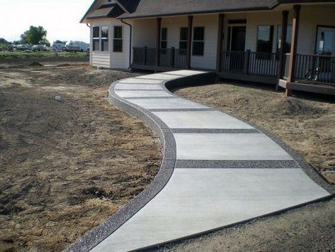 Front Yard Exterior Ideas Concrete Walkway Poured Concrete Walkway, Concrete With Stamped Border, Cement Sidewalk Ideas, Curved Concrete Walkway, Cement Walkway Ideas, Curved Sidewalk, Front Sidewalk Ideas, Stamped Concrete Sidewalk, Landscaping Entryway