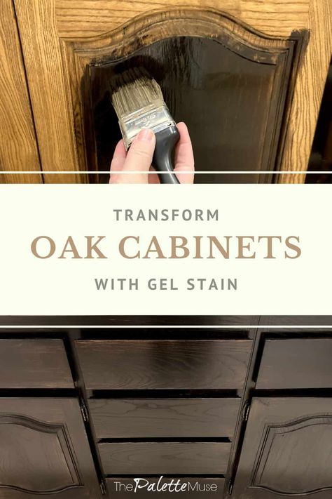 Transform Oak Cabinets with Gel Stain - a super easy and cost effective way to give your bathroom a whole new look! Gel Stain Kitchen Cabinets, Staining Oak Cabinets, Gel Staining Cabinets, Cabinets On A Budget, Stained Kitchen Cabinets, Honey Oak Cabinets, Redo Cabinets, Update Cabinets, Staining Cabinets