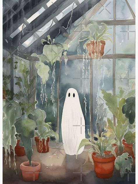 "Ghost in the Greenhouse - Watercolor " Art Board Print for Sale by Alishathunem Cute Watercolor Art, Dark Academia Cottage, Kawaii Decor, Halloween Canvas Art, Earthy Greens, Watercolor Calendar, Watercolor Art Landscape, Whimsical Wall Art, Watercolor Poster