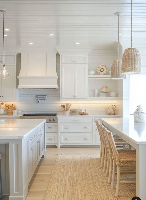 Beach House Kitchen Open Shelving, Coastal Kitchen Sink Ideas, Spanish White Kitchen, Florida Modern Farmhouse, Resort Style Kitchen, Coastal Kitchen With Natural Wood Cabinets, Beachy Modern Kitchen, Beachy Modern House, Modern Beach House Kitchen Ideas