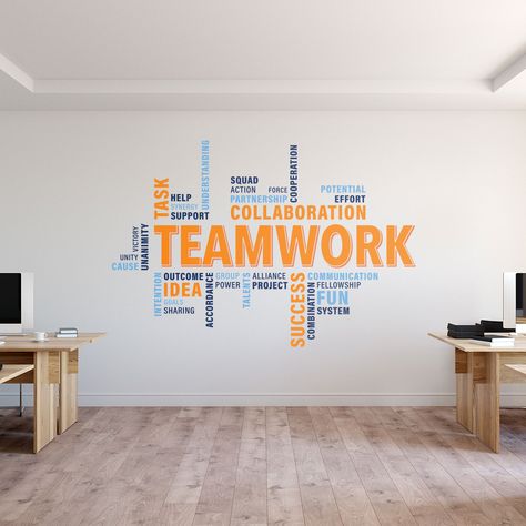 Work Values, Design Office Interior, Office Wall Graphics, Office Wall Design, Interior Kantor, Interior Design Office, Wall Stickers Quotes, Office Wall Decals, Creative Office