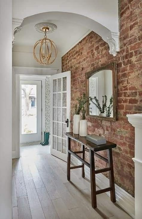 Flooring For Brick Wall, Brick Wall Wood Floor, Long Homes Exterior, Flooring With Brick Walls, Face Brick Wall Interiors, Light Brick Interior Wall, White Fake Brick Wall, Photos On Brick Wall, Brick Wall Accent Ideas