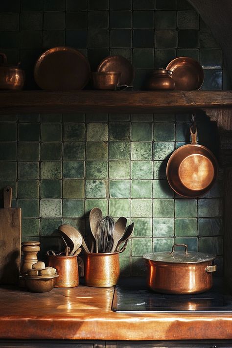 47 Boho-Eclectic Tiny House Kitchens: Global-Inspired Culinary Corners - TastyInteriors Copper Wood Kitchen, Green And Rose Gold Kitchen, Green Kitchen Copper Accents, Pots Hanging In Kitchen, Copper Kitchen Backsplash Ideas, Copper Pans In Kitchen, Copper And Teal Kitchen, Copper And Brass Kitchen, Copper And Green Kitchen