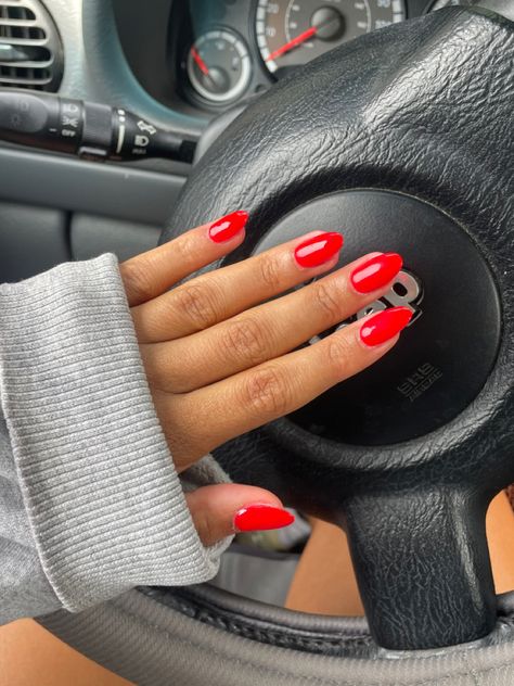 Round Red Nails Acrylic, Lucky Red Nails, 4th Of July Red Nails, Summer Red French Nails, Full Red Acrylic Nails, Popular Red Nails, Red Acrylics Nails, Bright Red Matte Nails, Red Oval Acrylic Nails Designs