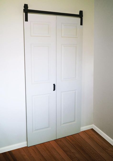 Folding Barn Door, Closet Nook, Bifold Doors Makeover, Slat Walls, Bypass Barn Door, Barn Door Installation, Bifold Barn Doors, Indoor Ideas, Plank Ceiling