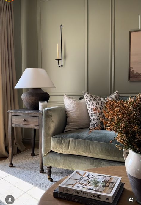 Living Room Ideas Green Accents, Cozy Parisian Living Room, Sage Sofa Living Room Decor, Sage Green Sofa Living Room, Mismatched Sofas Living Rooms, Living Room With Green Couch, Living Room Light Green, Beadboard Living Room, Cottage Core Living Rooms