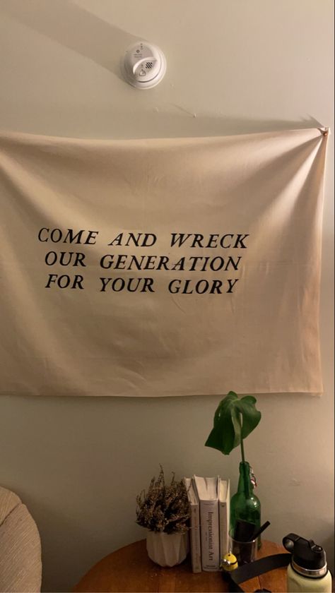 Dear Jesus, 
Come wreck our generation for your glory. Wall Tapestry Aesthetic, Christian Bedroom Ideas Decor, Christian Wall Tapestry, Aesthetic Christian Decor, Soft Christian Aesthetic, Bible Room Decor, Lock In Ideas Church, Upper Room Worship, Worship Night Aesthetic