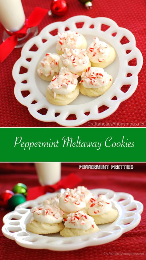 Christmas Cookies & Vintage Milk Glass ~ Mary Wald's Place - Yummy Peppermint Melt-away Cookies recipe. Sweet, light, and peppermint-y with crushed candy canes on top. A favorite cookie recipe for cookie swaps! Peppermint Cookie Recipe, Cookie Swap Recipes, Peppermint Cookie, Meltaway Cookies, Sweet Roll Recipe, Peppermint Christmas, Favorite Cookie Recipe, Peppermint Cookies, Cookie Swap