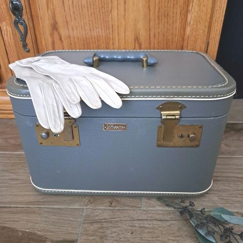 Old Luggage, Cosmetic Train Case, Train Trip, Rockabilly Girl, Peoria Az, 1950 Vintage, Train Case, Blue Vinyl, Christmas Wish List