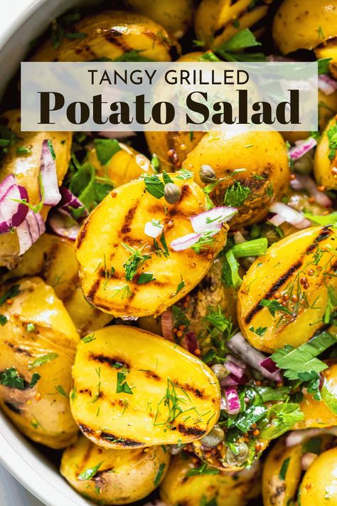 Say bye bye to basic potato salad. This Grilled Potato Salad combines smoky grilled potatoes with a delicious tangy mustard dressing that's loaded with fresh herbs and salty capers. It's delicious! Indian Potato Salad, Basic Potato Salad, Peru Food, Grilled Potato Salad, Grilled Recipes, Grilled Salad, Grilled Foods, Healthy Potatoes, 2024 Recipes