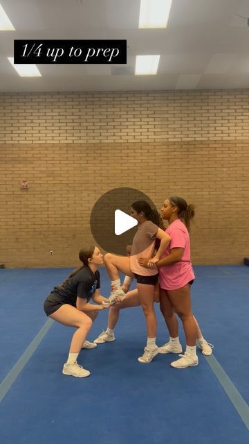 Coach Kristie on Instagram: "⭐️Once the one leg and two leg load in to extension prep is mastered, move to a 1/4 up! 🪩It’s a fun way to introduce spinning and again helps flyers build confidence 💪🏽and technique! ✨ #cheer #cheerleading #highschoolcheer #stuntbasics #cheercoach #cheerstunting" Prep Cheer Stunts, Partner Stunts Cheerleading, Cheer Stunts For Little Kids, Cheer Stunts For Beginners, Backspot Cheer, Easy Cheerleading Stunts, Cheer Pyramids, Cheerleading Ideas, Cheer Things