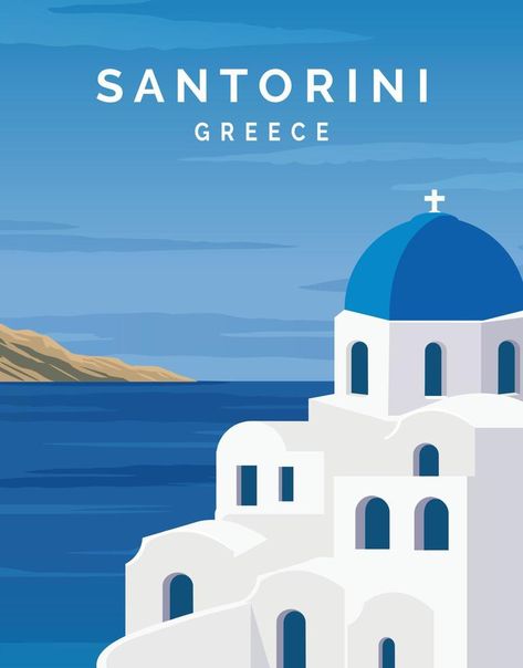 Grecia Santorini, Santorini Grecia, Greece Painting, Vintage Postcards Travel, Santorini Blue, Santorini Travel, Travel Art Print, Santorini Island, Travel Postcard