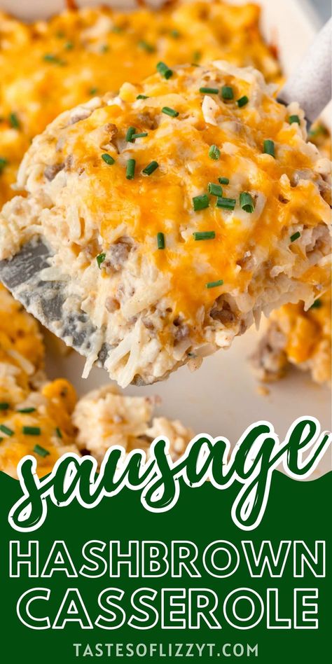 Need a delicious and hearty recipe for brunch? This Sausage and Hash Brown Casserole is sure to hit the spot! This no eggs dish is packed with sausage, creamy hash brown potatoes, and melted cheese. Sausage Hash Brown Casserole, Egg And Cheese Casserole, Sausage Hashbrown Breakfast Casserole, Breakfast Bakes, Hashbrown Casserole Recipe, Breakfast Potato Casserole, Simply Potatoes, Sausage Hash, Ham Casserole