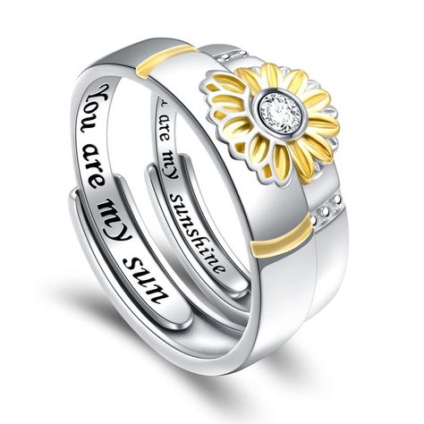 Matching Sunflower Promise Sterling Silver Rings for Couples You Are My Sun Sunshine Engagement Wedding Ring Band Sets for Him and Her Zelda Ring, Rings For Couples, Wedding Ring Bands Set, Sunflower Ring, Sunflower Jewelry, Claddagh Ring, Claddagh Rings, Gold Signet Ring, Couple Jewelry