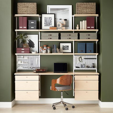 Elfa Shelving Office, Elfa Home Office Ideas, Elfa Desk Ideas, Elfa Office Ideas, Home Office File Storage Ideas, Office Shelves Organization, Elfa Office, Elfa Shelving, Home Office Shelves