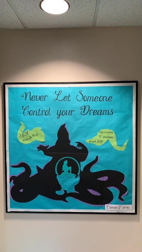 This is a March Little Mermaid  themed bulletin board. Based off of Student involvement never let someone control your dreams Little Mermaid Bulletin Board, Disney Bulletin Board Ideas, Pixar Classroom, Disney Bulletin Boards, Ra Programs, Control Your Dreams, Disney Themed Classroom, College Bulletin Boards, Bulletin Boards Theme