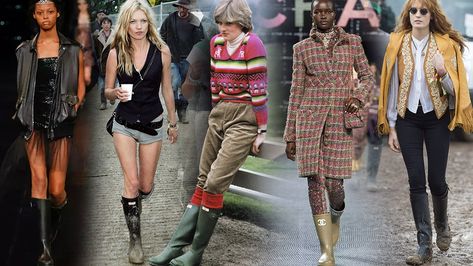 How Wellington Boots Became a Cool Festival-Girl Staple | Vogue Wellington Boots Outfit, Wellies Outfit, Chanel Rain Boots, Glastonbury Fashion, Rainboots Outfit, Army Shoes, Rain Boot Outfit, Rich Outfits, Black Suit Vest