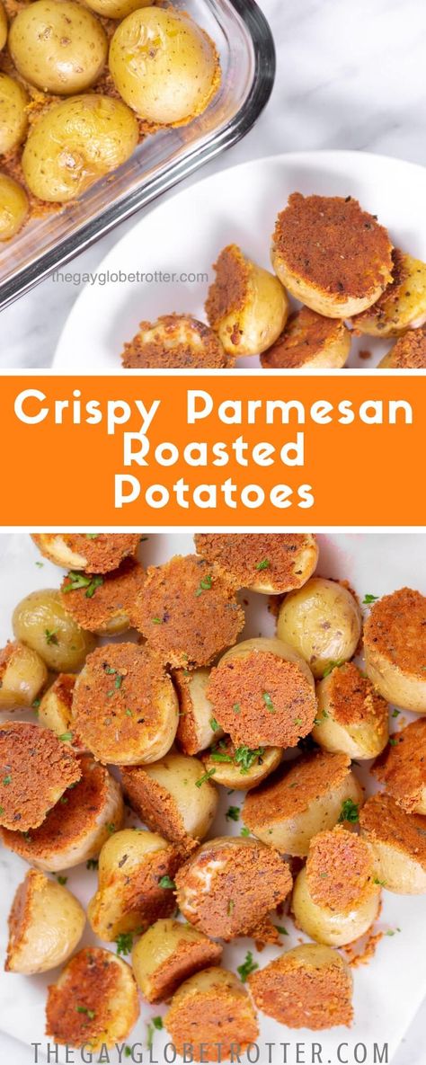 These crispy parmesan roasted potatoes are the best way to enjoy baby potatoes. Made with garlic and grated parmesan cheese, this easy potato side dish or appetizer couldn't be better! #gayglobetrotter #parmesan #potatoes #roastedpotatoes #parmesanroastedpotatoes #parmesanpotatoes #potato Garlic Parmesan Roasted Potatoes, Quick Chili, Potato Side Dishes Easy, Garlic Parmesan Potatoes, Potato Side Dish, Parmesan Roasted Potatoes, Roasted Baby Potatoes, Sour Cream Dip, Quick Side Dishes