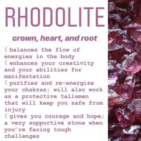 Rhodolite Garnet meaning Rhodolite Crystal Meaning, Rhodolite Garnet Meaning, Rhodolite Meaning, Gemsona Ideas, Garnet Meaning, Crystal Identification, Crystals Meanings, Crystal Rocks, Crystal Healing Chart