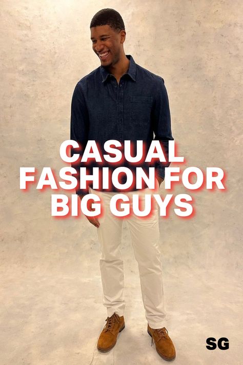 Looking for big and tall fashion for young men? Fashion for big men can be on-trend, stylish and comfortable — and we’re showing you how with business casual outfit ideas for bigger guys. Click here for a week’s worth of business casual attire for big guys. Cocktail Party Outfit Men Big And Tall, Rectangle Body Shape Outfits Male, Big And Tall Men’s Style, Business Casual For Big Men, Fashion For Big Men, Business Casual Big Men, Style For Big Men, Men Urban Fashion, Fashion For Big Guys