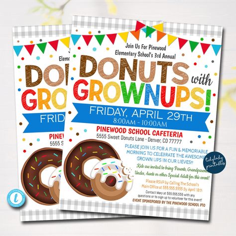 "DONUTS WITH GROWNUPS FLYER! This printable 'donuts with grownups flyer' is great to us for your school, church PTA, breakfast father's day events and more! Full Editing Options With Templett.com TRY THE DEMO NOW - Just copy and paste this url: https://templett.com/design/demo/TidyLady19/13917832 Designed for Printing 8.5x11\" *You are not able to edit this file on an iPad, iPhone, or any other handheld device. *This is a DIY self-editing digital, printable product - I do not edit this file for Coffee Bar Pto, Donuts With Grownups, Pta Organization, Pta Events, Lunch Invitation, School Pto, Parent Involvement, Room Mom, Family Engagement