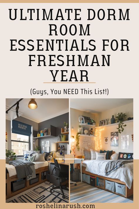 Ready to ace your freshman year dorm setup without the stress? Our ultimate dorm room essentials list covers everything from cozy bedding to the perfect desk organization.  Whether you're looking for the must-haves or the cool extras, this dorm room essentials checklist has you covered.  Don’t miss out—click through to get the full breakdown and make your dorm room the best hangout spot on campus! College Dorm Essentials List, Dorm Room List Freshman Year For Guys, Dorm Gifts For Guys, Mit Dorm Room, Dorm Room Checklist Freshman Year Boys, College Necessities Freshman Year, Boarding School Dorm Room Aesthetic, College Dorm Essentials Freshman Year, Dorm List Essentials