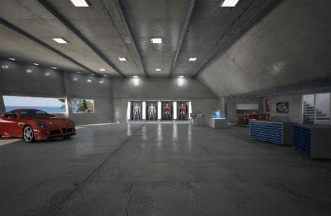 Supercar Garage, Iron Man House, Underground Garage, Iron Man Movie, Cool Garages, Luxury Garage, Car Workshop, Brutalist Design, Modern Garage