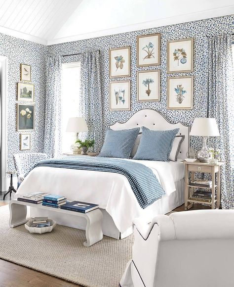 Rose Bedroom, Blue And White Wallpaper, Blue Stuff, White Bedroom Design, Blue White Decor, White Bed, Bedroom Photos, Dreamy Bedrooms, Blue Rooms