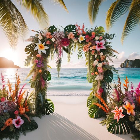 Flowers for a Wedding Arch Creating a Stunning and Memorable Backdrop (7) Tropical Beach Wedding Arch, Tropical Wedding Arch Ideas, Floral Decor Backdrop, Hawiian Flowers, Tropical Wedding Arch, Flower Gate, Flowers For A Wedding, Tropical Backdrop, Beach Wedding Arch