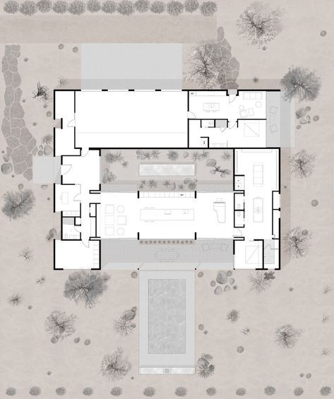 Desert Home Floor Plans, Desert Modern House, Modern Desert Home, Fire Pit Bench, Modern Courtyard, Spa Inspired Bathroom, Modern Minimalist House, Modern Desert, Home Floor Plans