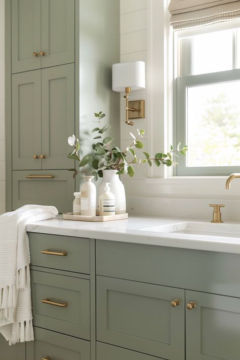 Sage Green Bathroom Ideas: Transform Your Space into a Spa-Like Retreat - Quiet Minimal Green Cabinets Master Bath, Mint Color Bathroom Ideas, Green Full Bathroom, Matcha Green Bathroom, Sage Green Bathroom With Gold Accents, Green Cabinets Bathroom Ideas, Green Vanity In Bathroom, Pale Sage Green Bathroom, White Green Wood Bathroom