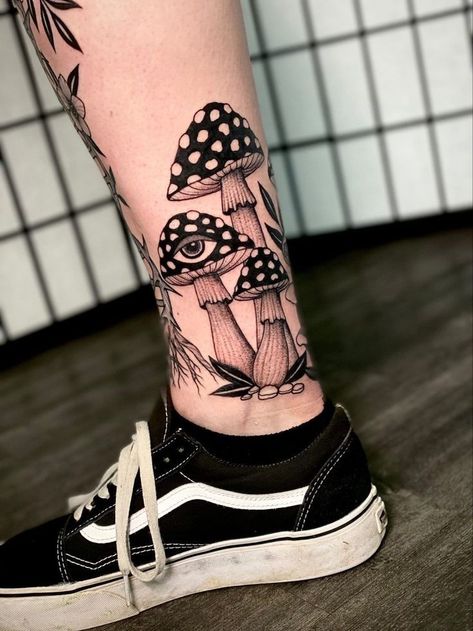 Trippy Leg Tattoos, Mushroom Tattoo Leg, Mushroom Leg Tattoo, Mushroom Sleeve Tattoo, Mushroom Tattoo Sleeve, Magic Mushroom Tattoo, Trippy Mushroom Tattoo, Hongo Tattoo, Quirky Tattoos