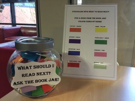 What should I read next? Ask the ‘Book Jar’……. Which Book Should I Read, Book Jar, Passive Programming Library, Reading For Pleasure, Sciences Po Paris, Passive Programs, Library Lesson Plans, School Library Displays, Library Media Specialist