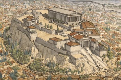 Greece History, Greece Architecture, Ancient Athens, Ancient Greek City, Bangunan Minecraft, Historical Illustration, Athens Acropolis, Ancient Greek Architecture, Empire Romain