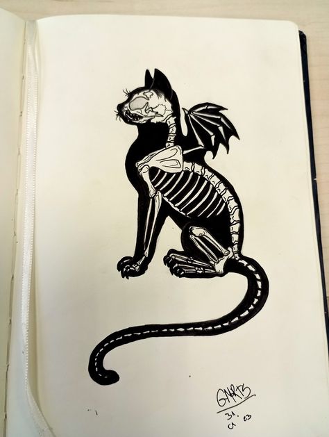 Cat Skeleton Sitting, Skeleton Cat Drawing, Cat Skeleton Drawing, Skeleton Cat Tattoo, Three Headed Cat, Black Cat Drawing, Skeleton Cat, Tiny Canvas, Bat Cat