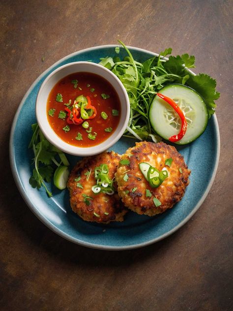 Serving Thai Fish Cakes Thai Fish Cakes, Air Fryer Fish Recipes, Thai Fish, Fish Cakes Recipe, Tuna Cakes, Recipe Web, Air Fryer Fish, Simple Vinaigrette, Salad Mixed Greens