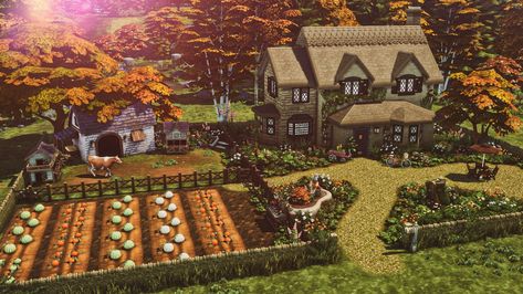 Sims 4 Witch House, Sims 4 Cottage, Sims 4 Speed Build, Sims 4 House Building, Cottage Farm, Sims Building, Sims House Plans, Pumpkin Farm, Sims House Design