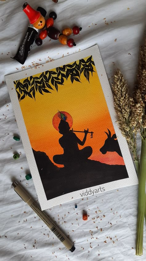 Silhouette watercolor painting with sunset background Krishna Silhouette Painting, Krishna Drawing With Cow, Devotional Art Painting, Krishna Easy Canvas Painting, Lord Krishna Watercolor Painting, Krishna Ji Sketch Easy, Watercolor Art Krishna, Art Sketches Krishna, Silhouette Painting Ideas Easy