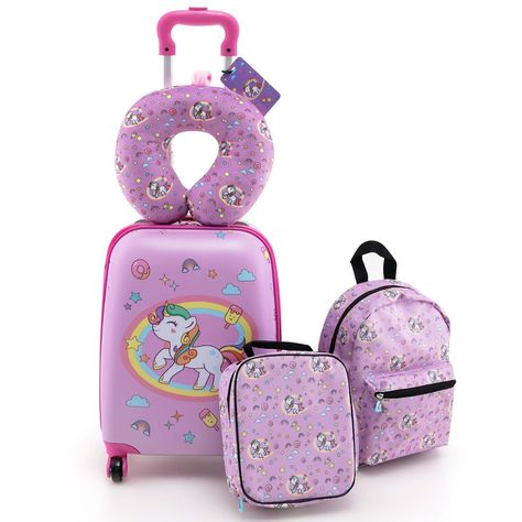 Travel smart with our kids luggage set! The 5 piece kids luggage set includes a suitcase, backpack, lunch bag, neck pillow, and a name card to fulfill your kids’ travel needs. The suitcase and backpack in our set provide ample space to accommodate all your child's essentials, such as clothes, toys, snacks, books and bottles. Equipped with 4 universal casters and a telescopic handle, kids can maneuver their luggage effortlessly. And the handle is 3-level adjustable to accompany the growth of kids Suitcase Backpack, Backpack Lunch Bag, Neck Pillow, Kids Luggage, Luggage Tag, Lunch Bag, Pink