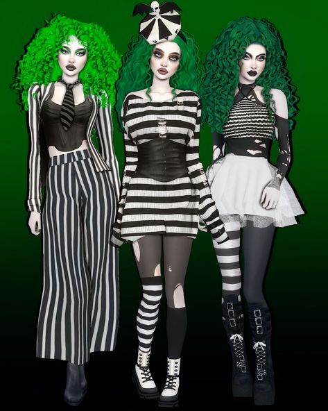 Hello ,  Here we are with  my next halloween inspired character .  Her is my version of Beetlejuice in female version for download .  Hope you enjoy.  CC folder included!!  Three outfits Beetlejuice Outfit Inspiration, Sims 4 Beetlejuice Cc, Costume Sims 4 Cc, Sims 4 Billie Eilish Cc, Sims 4 Character Cc, Halloween Costumes Sims 4, Sims 4 Punk Cc, Sims 4 Alternative Cc, Sims Mermaid