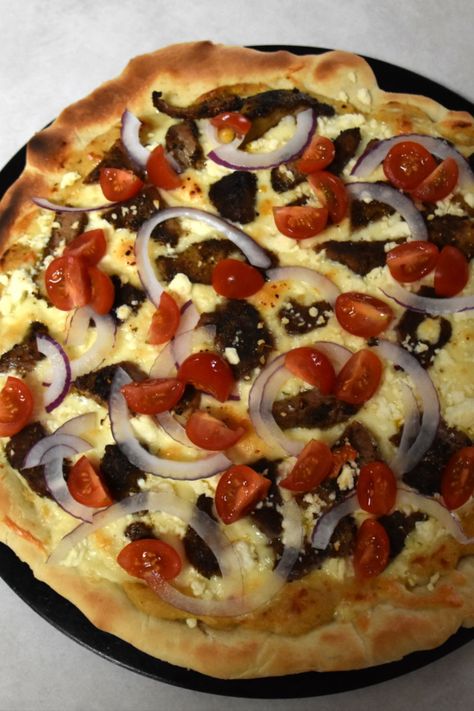 Got some leftover gyros meat from your last cookout? Use it to make this Greek-inspired pizza. Gyros meat: https://www.cookingwithdoyle.com/2021/07/gyros.html Gyros Meat, Gyro Meat Recipe, Greek Gyros, Meat Recipes, Main Dishes, Pizza, At Home, Meat, Pizzas