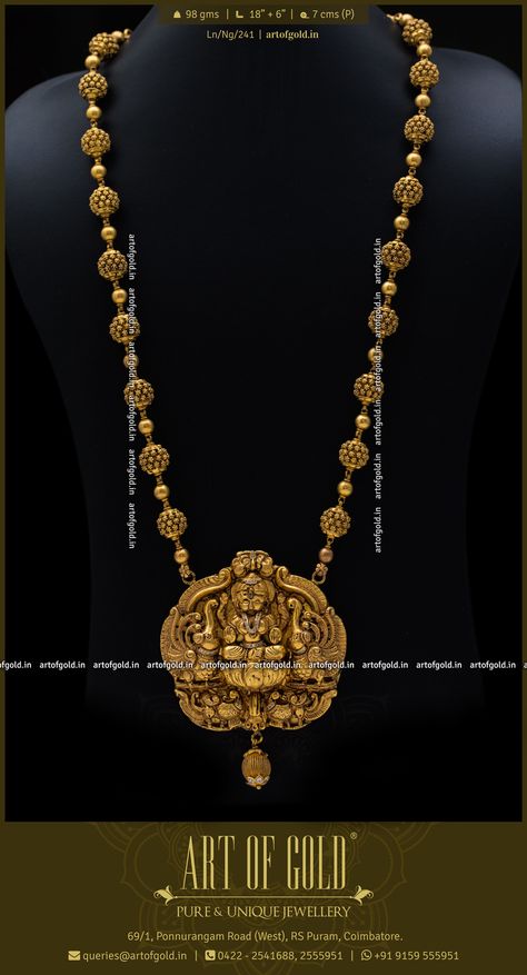 Temple Design Pendant Gold, Temple Jewellery Pendant Set, Nagas Gold Jewellery, Lakshmi Pendant Gold Chain, Lakshmi Chain Gold, Gold Balls Haram Designs, Antique Lakshmi Pendant, Gold Balls Designs, Pendant Necklace Gold Indian