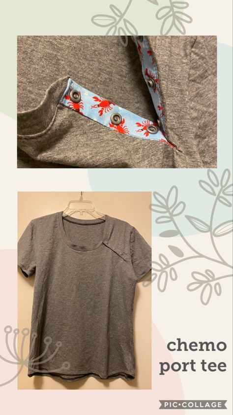 I used the classic tee pattern from “It’s Always Autumn,” and added a snap placket. Chemo Port Shirts, Chemo Port Shirt, Port Access Shirt Diy, Chemo Sewing Projects, Chemo Clothes For Women, Diy Chemo Port Shirt, Chemo Shirts For Women, Chemo Port Shirts Diy, Chemo Clothes