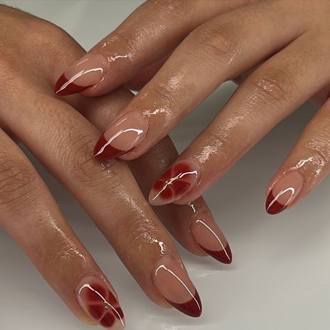 ��♥️ @apresnailofficial in shade brickhouse - - - #gelx #nails #gelnails #fallnails Red Nail Almond Shape, Almond Blooming Gel Nails, Simple Blooming Gel Nails, Brown Blooming Gel Nails, Red Blooming Gel Nails, Short Ballerina Nails Designs, Sculpting Gel Nails, Cupid Nails, Nails Inspiration Red