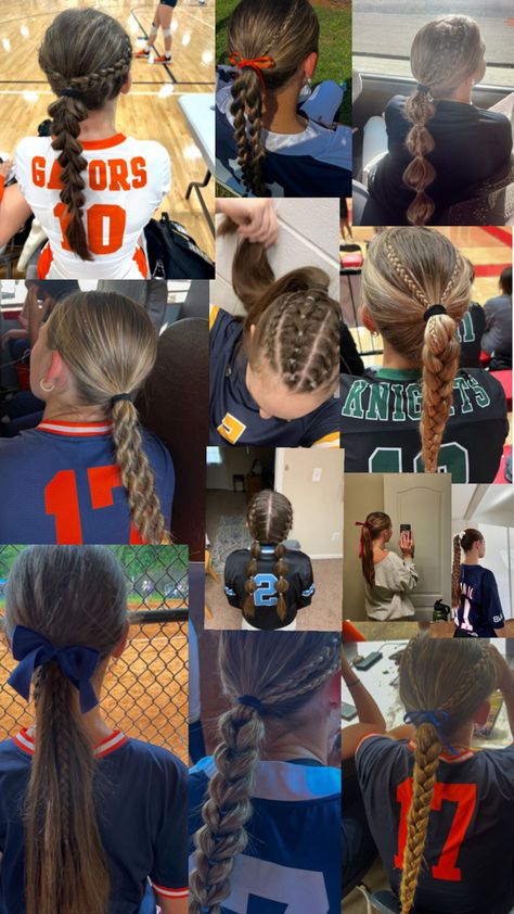 Hair ideas Braided Sporty Hairstyles, School Hair Ideas, Race Day Hair, Cute Volleyball Hairstyles, Cute Sporty Hairstyles, Soccer Hair, Track Hairstyles, Basketball Hairstyles, Hairstyle Examples